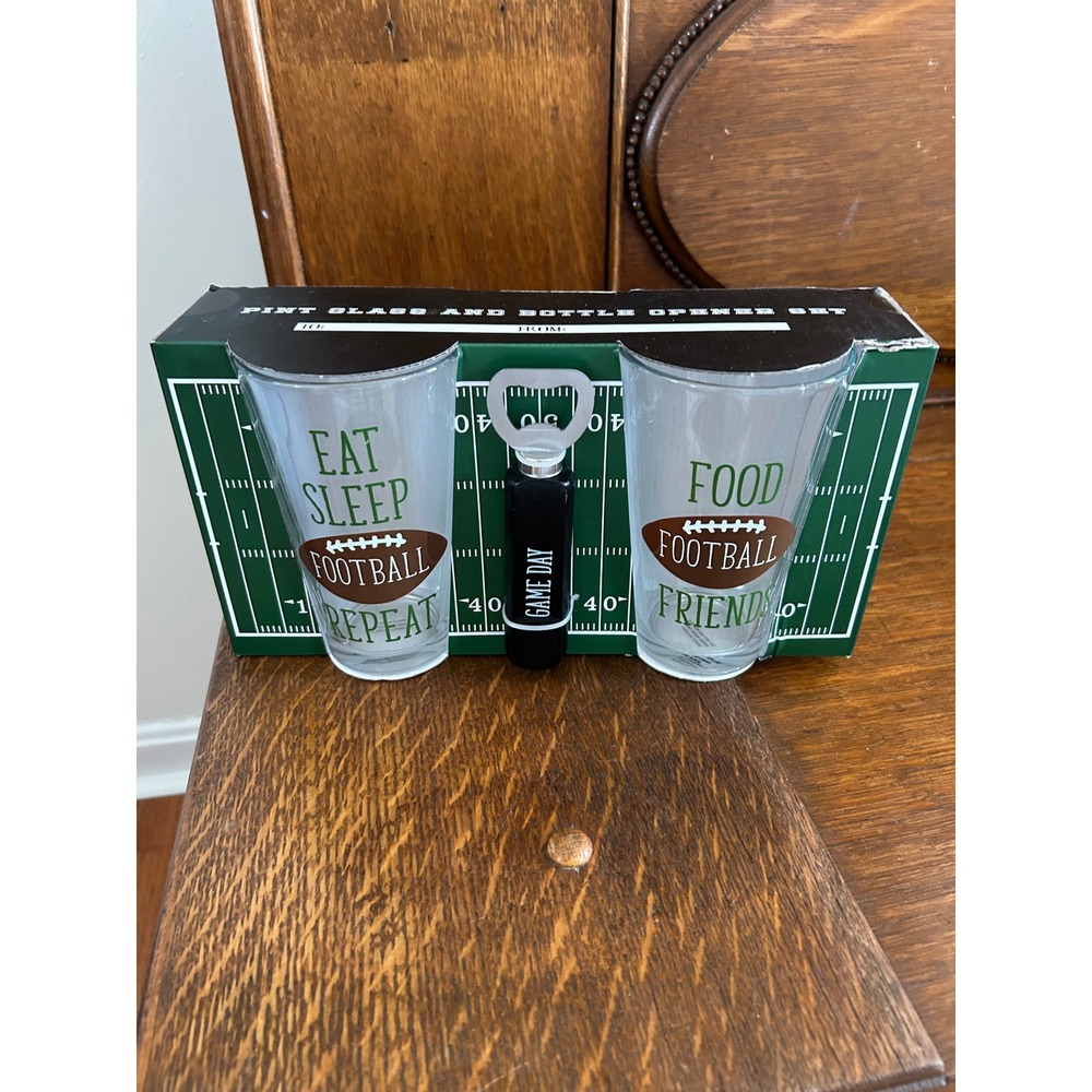 Football Pint Glass and Bottle Opener 3 Piece Gift Set Game Day MHI New